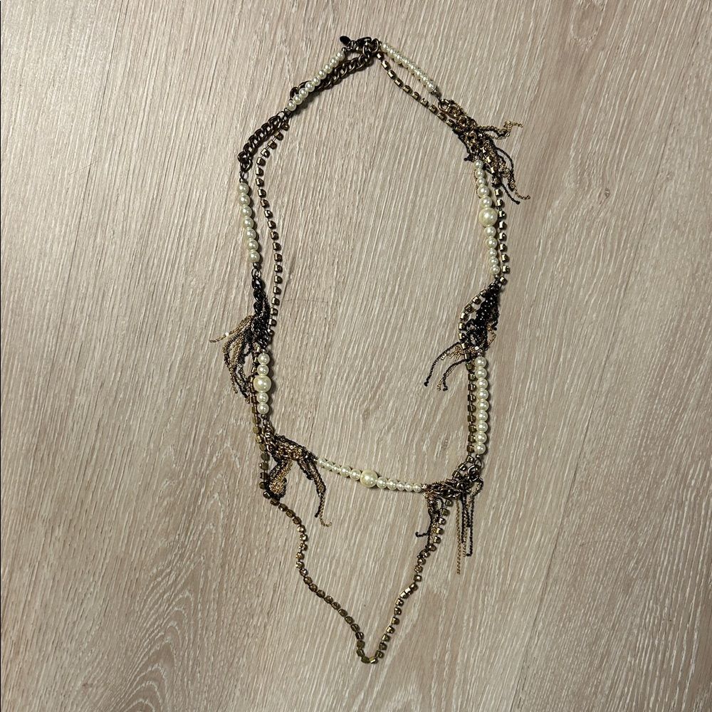 Bebe Double Layered Necklace w Tennis Style Chain & Pearl w Multi Colored Chains